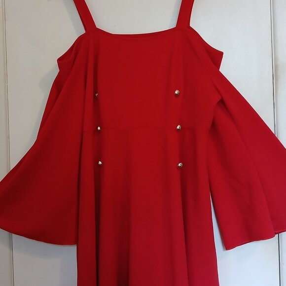 Red Cold Shoulder Bell Sleeve Dress  Front Button Interest Shein Curve 4XL - Picture 3 of 6